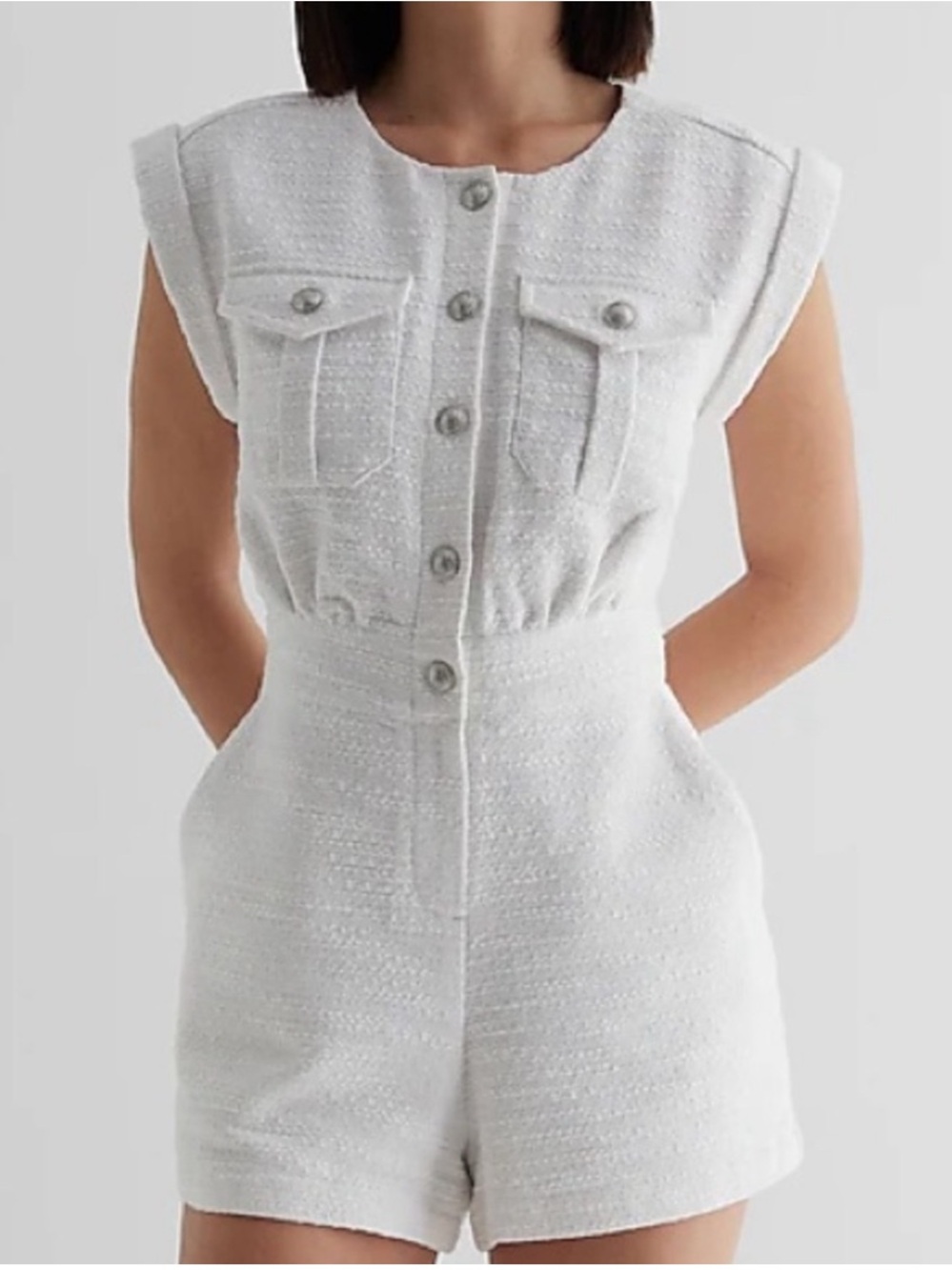 Express White Sleeveless Tweed Short Jumpsuit